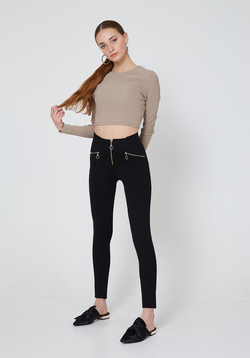 Black Double Side and Front Zip detail High Waisted Leggings for Women - Full Look