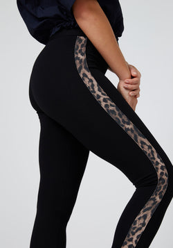 Fasheon Black Leopard Tape Side Leggings for Ladies