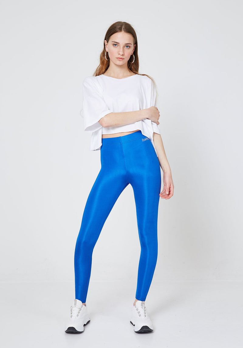 Front Look of Blue Shiny High Waisted Stretchy Slogan Leggings