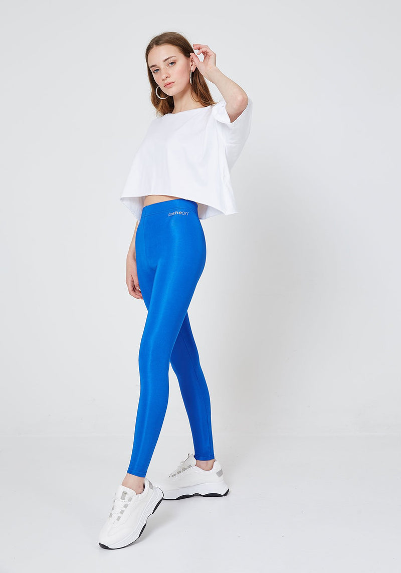 Side Look of Blue Shiny High Waisted Stretchy Slogan Leggings