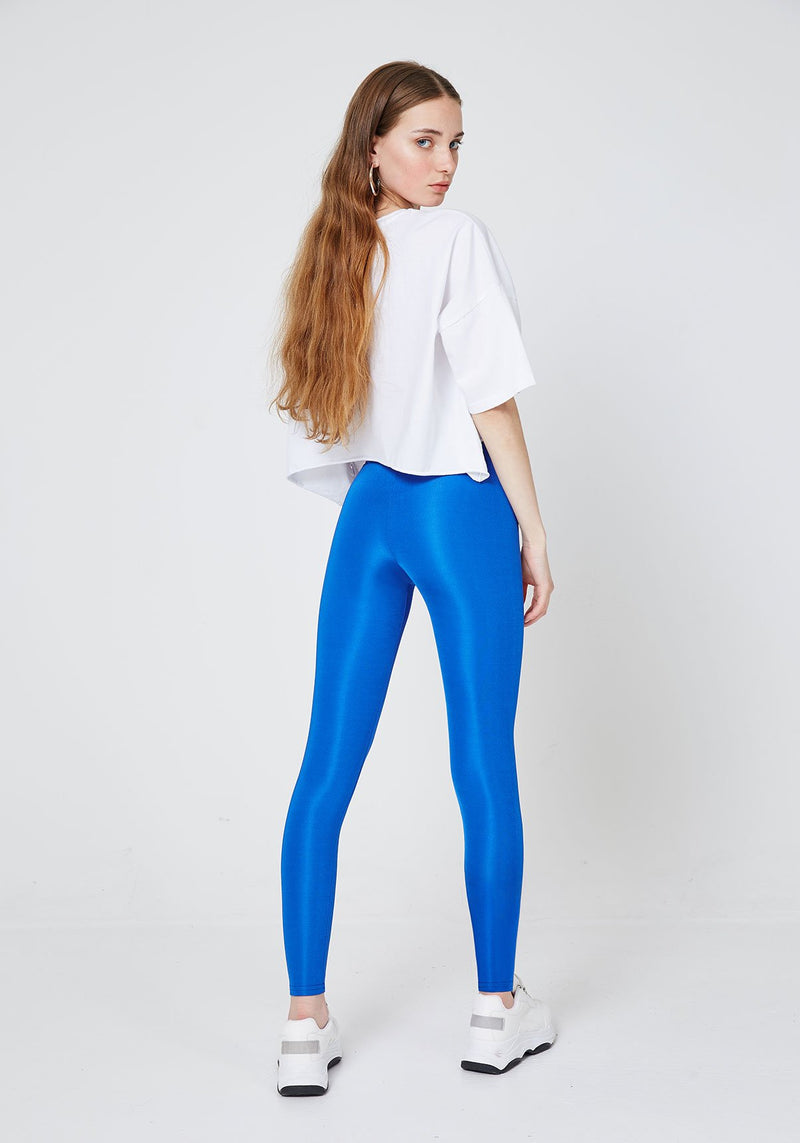 Back Look of Blue Shiny High Waisted Stretchy Slogan Leggings for Women