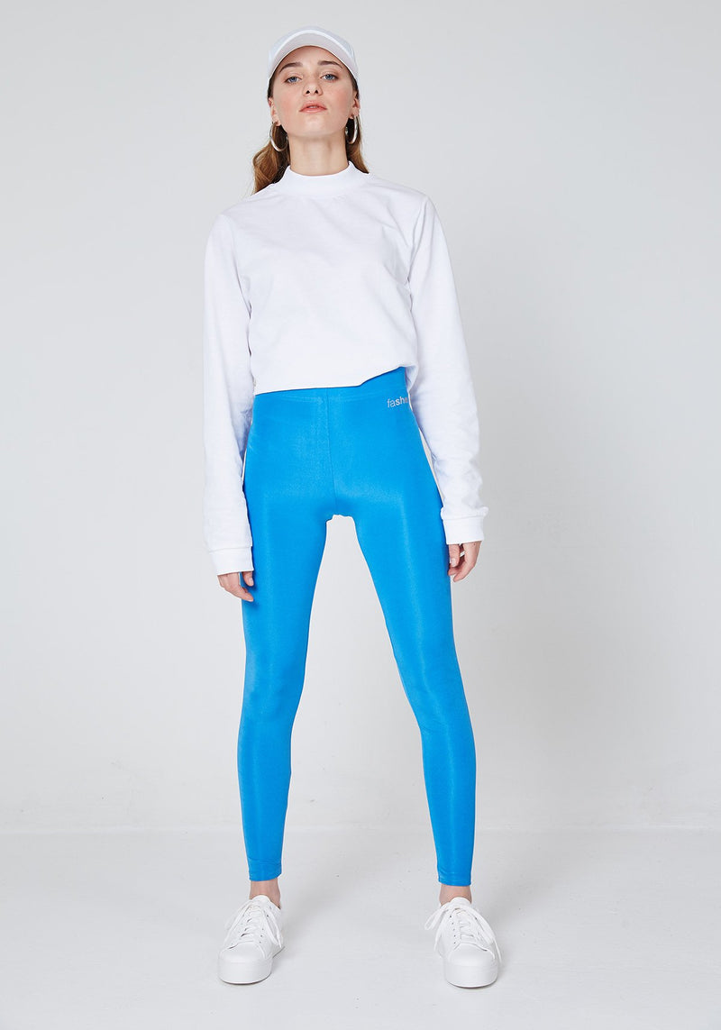 Front Look of Blue Shiny High Waisted Slogan Leggings for Women