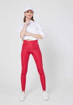 Front Look of Red Shiny High Waisted Slogan Leggings for Womens