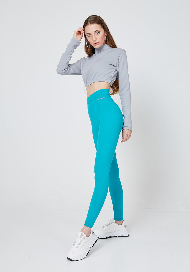 Side Look of Blue Classic High Waisted Leggings with Seam Detail