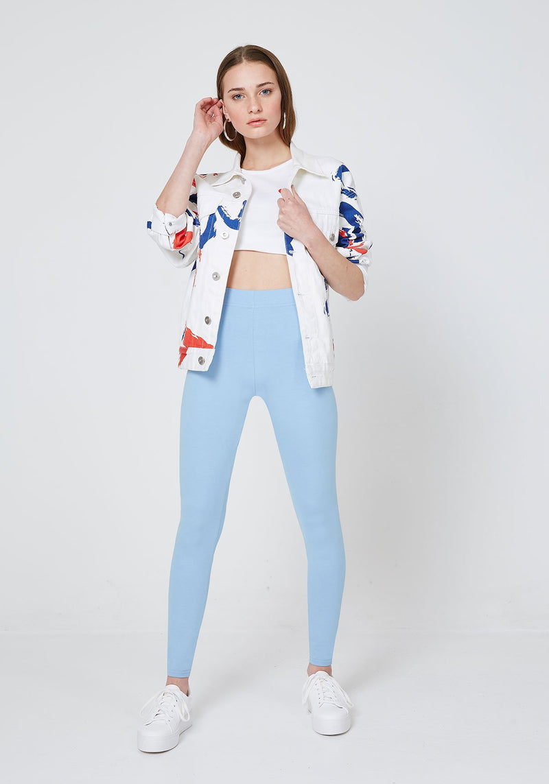 Front Look of Blue Basic High Waisted Slogan Leggings