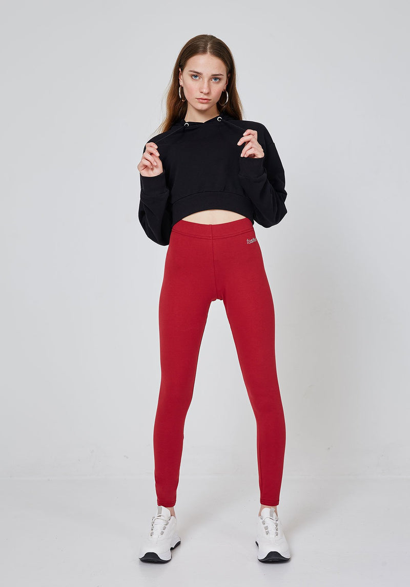 Front Look of Red Classic High Waisted Slogan Leggings for Women