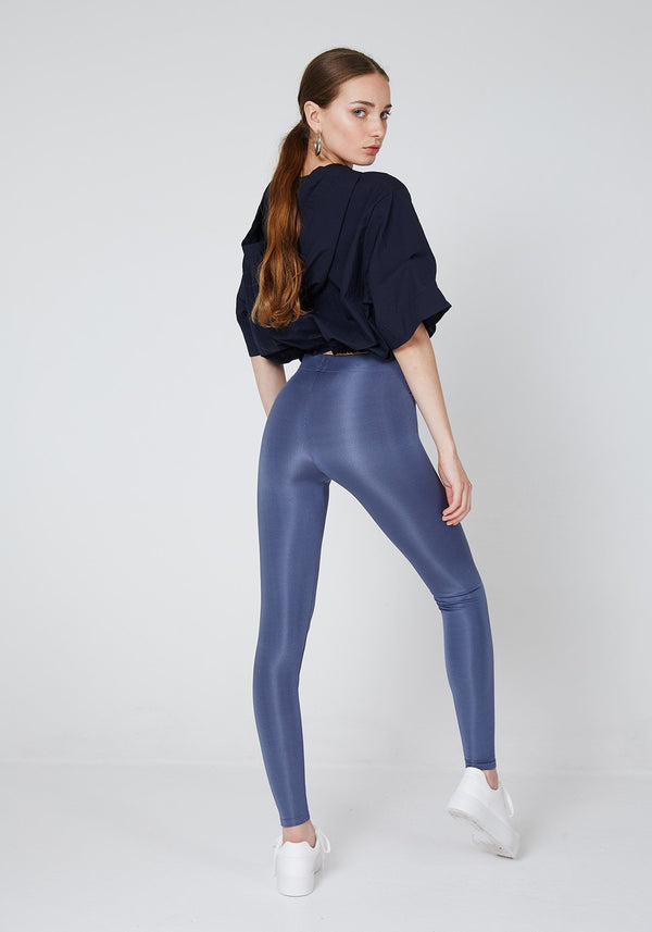 Back Look of Steel Grey Shiny High Waisted Sports Leggings